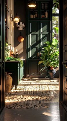 an open door leading into a room with potted plants