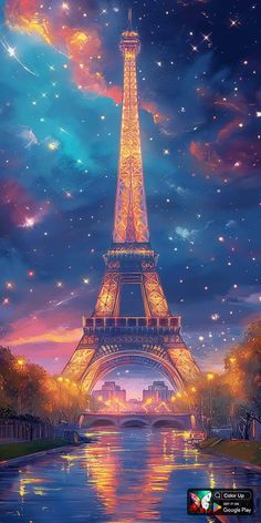 the eiffel tower lit up at night with stars in the sky above it