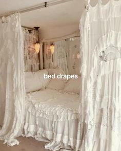 a bed that has some curtains over it and the words bed drapes above it