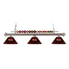 three light billiard style pool table lamp with red glass shades and chrome metal frame