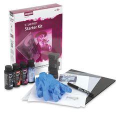 the starter kit includes an ink bottle, gloves and glue