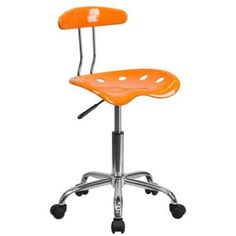 an orange office chair with wheels on the back and seat upholstered to it