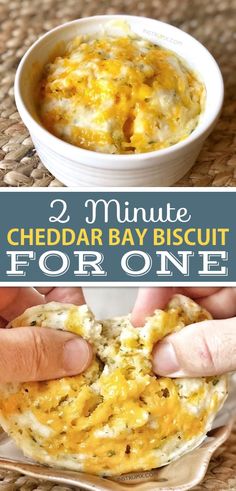 two pictures with text overlay that says 2 minute cheddar bay biscuit for one