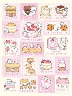 an image of different types of cakes and pastries on display in a pink background