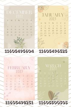 four calendars with flowers on them and the numbers in each one are different colors