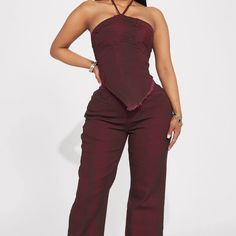 Next Level Washed Denim Set Burgundy New With Tags Boujee Outfits Classy, Cute Professional Outfits, Denim Set, Kardashian Outfit, Professional Outfits Women, Fashion Nova Outfits, Effortlessly Chic Outfits, Top Pants Set, Wide Leg Pant