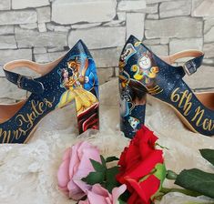 Bespoke Disney wedding shoes,I can fully customize them with any theme you like ,be unique in your special day,I use permanent fabric colors of the best quality so they will last for a lifetime. Message me with any changes or ideas you have! The price doesn't include the shoes as I prefer you send them to me so we are 100% sure they fit,but I can provide shoes for an extra cost! Disney Wedding Shoes, Fairytale Shoes, Beauty And The Beast Wedding, Shoes Disney, Disney Princess Wedding, Disney Inspired Wedding, Disney Bride, Disney Shoes, Hand Painted Shoes