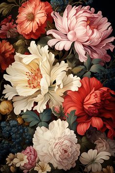 a bunch of flowers that are in the middle of some kind of flower arrangement on a black background