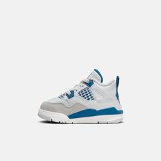 Style No. BQ7670-141 Color: Off White/Military Blue/Neutral Grey/Industrial Blue The Jordan 4 Retro is inspired by the original AJ4. Made with real and synthetic leather and textile, soft foam cushioning, and play-ready rubber traction, it features the mesh paneling and angled overlays that made the shoe so memorable. Jordan 4 Retro Baby/Toddler Shoes. Kids Collage, Industrial Blue, Baby Jordans, Entertaining Quotes, Retro Baby, Jordan 4 Retro, Vintage Kids, Kids Jordans