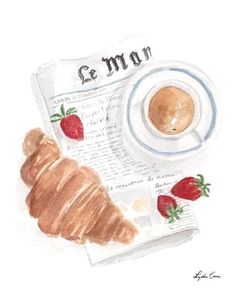 a drawing of a croissant and cup of coffee