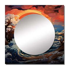 a round mirror sitting on top of a wooden table in front of a sunset sky