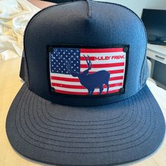 Muley Freak American Flag Snapback Hat.. Trucker Hat. Brand New. Super Cool Hat But Have 2 Of Them. Casual Curved Brim Snapback Hat For Country Events, Americana Style Baseball Cap One Size, Adjustable Patriotic Hat For Outdoors, Americana Style Adjustable Baseball Cap, Adjustable Patriotic Outdoor Hat, Americana Style Cap Hat, Americana Cap One Size Fits Most, Americana Style Cap One Size Fits Most, Navy Flat Brim Hat