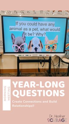 a television screen with two dogs on it and the words year - long questions below