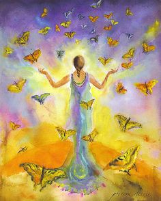 a card with an image of a woman surrounded by butterflies and the words i am loved by life