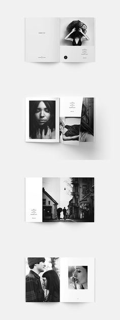 an open book with black and white images on the front, back and inside pages