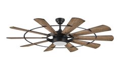 a ceiling fan with four wooden blades and a white light on the top of it