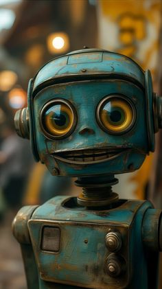 a blue robot with big eyes standing in front of a building