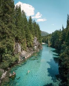 a person swimming in a river surrounded by green trees and rocks with clear blue water