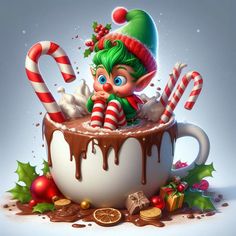 an elf is sitting in a cup of hot chocolate with candy canes and candies