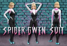 three different poses of a woman in black and white catsuits with pink accents