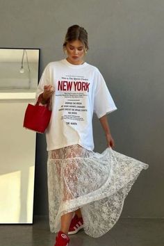 Everyday Lace: Easy Ideas On How You Can Wear on Repeat Sheer White Skirt Outfit, Long White Lace Skirt Outfit, Lace Skirt Aesthetic, Red Lace Skirt Outfit, Long Lace Skirt Outfit, Long White Skirt Outfit Summer, Lace Maxi Skirt Outfit, New York Fashion Summer