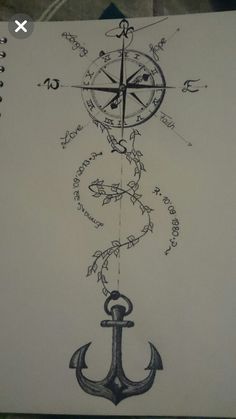 a drawing of an anchor and compass