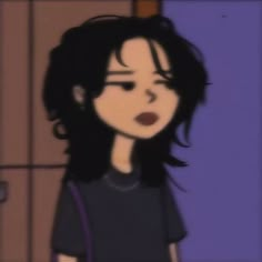 an animated image of a woman with dark hair and black shirt, standing in front of a purple wall