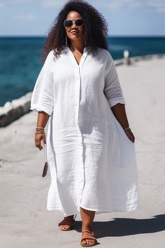 Xpluswear Design Plus Size White Beach Single Breasted Long Sleeve Shirtdress Linen Midi Dress Linen Dresses Plus Size Summer, White Party Dresses For Women, Plus Size Cruise Wear, Plus Size Linen Outfits, Over 60 Fashion Summer, Plus Size Travel Outfits, Modest Beach Wear, Plus Size Summer Outfits Big Stomach, Cruise Fits