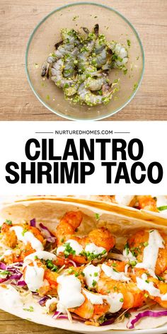 two plates with shrimp tacos on them and the words, glantro shrimp taco