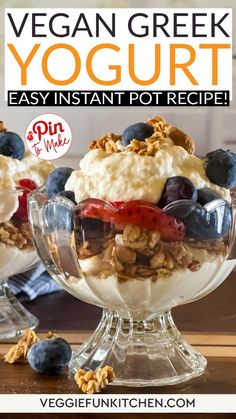 yogurt in a glass bowl with blueberries and granola on top, text vegan greek yogurt easy instant pot recipe