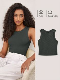 1pc Solid Ribbed Knit Tank Top Dark Grey Casual   Knitted Fabric Plain Tank Medium Stretch Summer Women Clothing, size features are:Bust: ,Length: ,Sleeve Length: Tank Top Cami, Knitted Tank Top, Knit Tanks, Summer Women, Womens Tees, Ribbed Knit, Tank Tops Women, Womens Tops, Sleeve Length