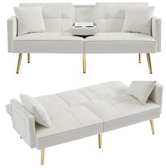 two white couches with pillows and a coffee table on each one, side by side