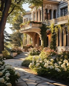 a large house with lots of flowers and trees