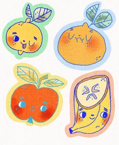 four stickers with different types of fruits and vegetables on them, including an apple, banana, orange, and pear