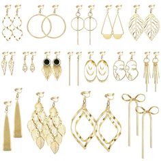 PRICES MAY VARY. Multi-style Dangle Earring Set: Includes 16 pairs of gold clip-on dangling earrings women: long bar earring, minimalist earring, bow dangle earring, leaf drop earring, big hoop earring, statement earrings tassel earring and twist wave drop dangle earrings; Perfect for women and offers trendy options for every style and occasion Lightweight and Hypoallergenic: Comfortable boho clip on earrings made from hypoallergenic and lightweight materials, reducing discomfort for sensitive e Long Bar Earrings, Bar Earring, Earrings Tassel, Earring Minimalist, Big Hoop Earrings, Gold Clips, Trendy Boho, Bow Earrings, Bohemian Earrings