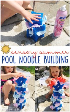 a collage of photos showing how to make an outdoor pool noodle building toy