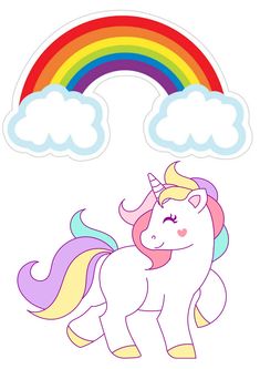 a cartoon unicorn with a rainbow in the background