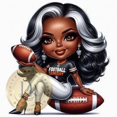 a caricature of a woman holding a football and sitting on top of a ball