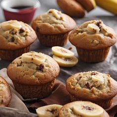 several muffins with banana slices and chocolate chips