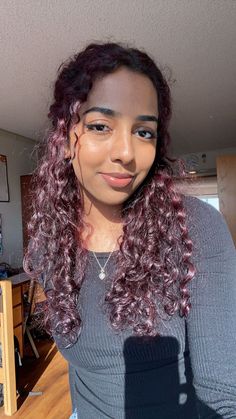 3b Red Curly Hair, Dark Purple On Curly Hair, Red Wine Hair Color Dark Curly, Curly Hair Dye Ideas Brown Skin, Burgundy Hair On Curly Hair, Dark Chocolate Burgundy Hair, Red Cherry Hair Curly, Deep Cherry Red Hair Curly, Curly Cherry Coke Hair