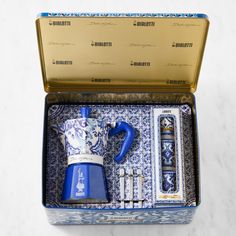 Bialetti Moka Dolce & Gabbana 6-Cup + 3 Espresso Cups & Stirrers Gift Set, Blu Mediterraneo Espresso Bar Accessories, Bialetti Dolce Gabbana, Italian Icons, Coffee Gift Set, Bialetti Moka, Rich Gifts, Italian Coffee Maker, Coffee Kit, Functional Gifts