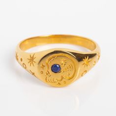 Seer Signet Ring | Local Eclectic Luxury Gold Sapphire Ring Engraved, Luxury Art Deco Anniversary Signet Ring, Mens Rings Gold, Ring Stacking, Signet Engagement Rings, Circle Ring, Big Rings, Necklace Box, Enamel Ring