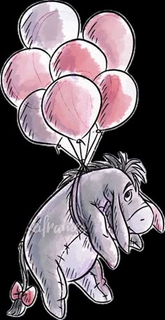 a drawing of an elephant with balloons on its head, flying in the air above it