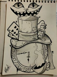 a drawing of a clock with a top hat on it's face and eyes