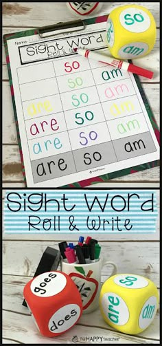 sight word roll and write game with dices on the side, next to it