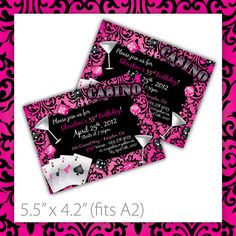 two pink and black casino cards with hearts on them