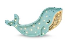 a blue whale shaped light with stars and moon lights on it's back end