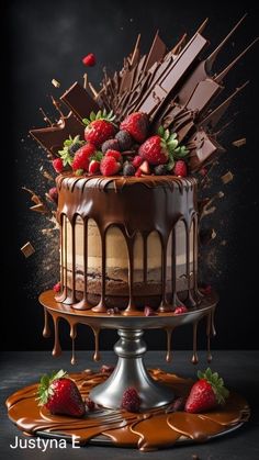 a chocolate cake with strawberries and chocolate drizzles