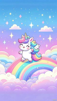 a cartoon unicorn flying over a rainbow in the sky