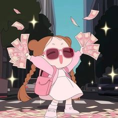 a cartoon girl in sunglasses and pink dress throwing money into the air with her hands